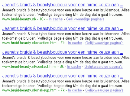 lijst van zoekresultaten die op het eerste gezicht allemaal naar dezelfde pagina verwijzen